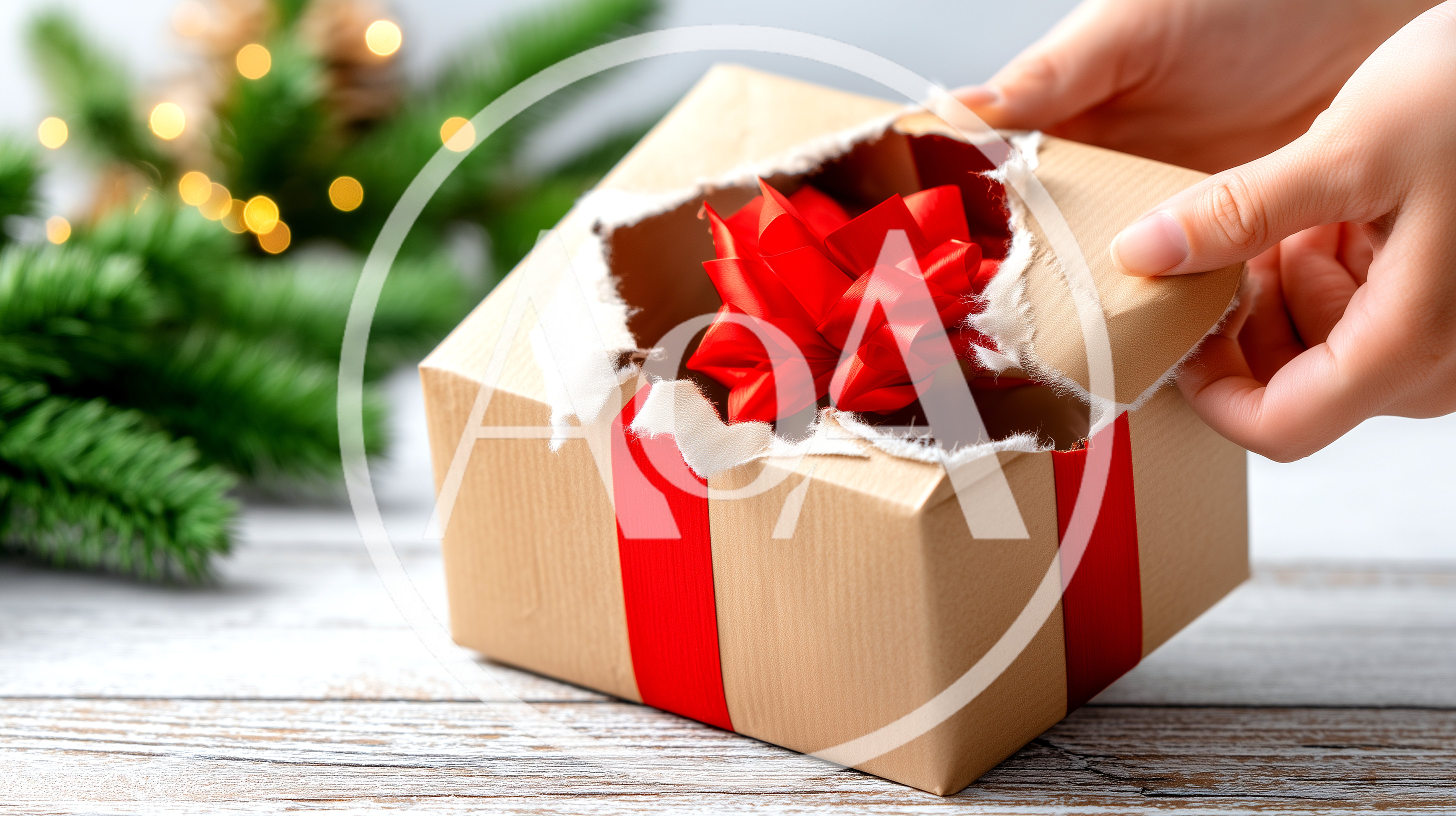 Hands Opening A Torn Christmas Gift Box