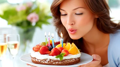 Young Woman Blowing Out Candles On Birthday Cake