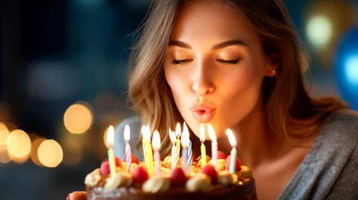Young Woman Blowing Out Birthday Cake Candles
