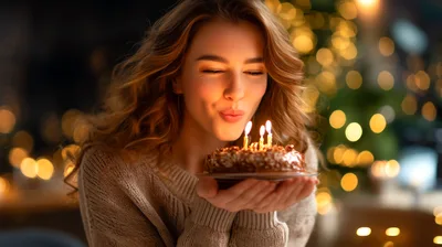 Young Woman Blowing Out Candles On Birthday Cake