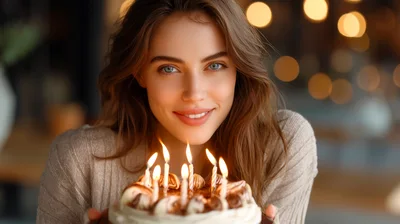 Young Woman Holding Birthday Cake With Lit Candles