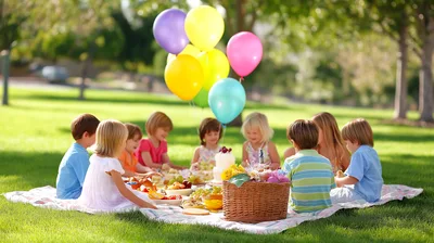 Group Of Children Having A Birthday Picnic In Park
