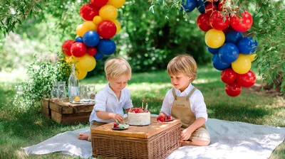 Two Young Boys Celebrating Birthday Outdoors