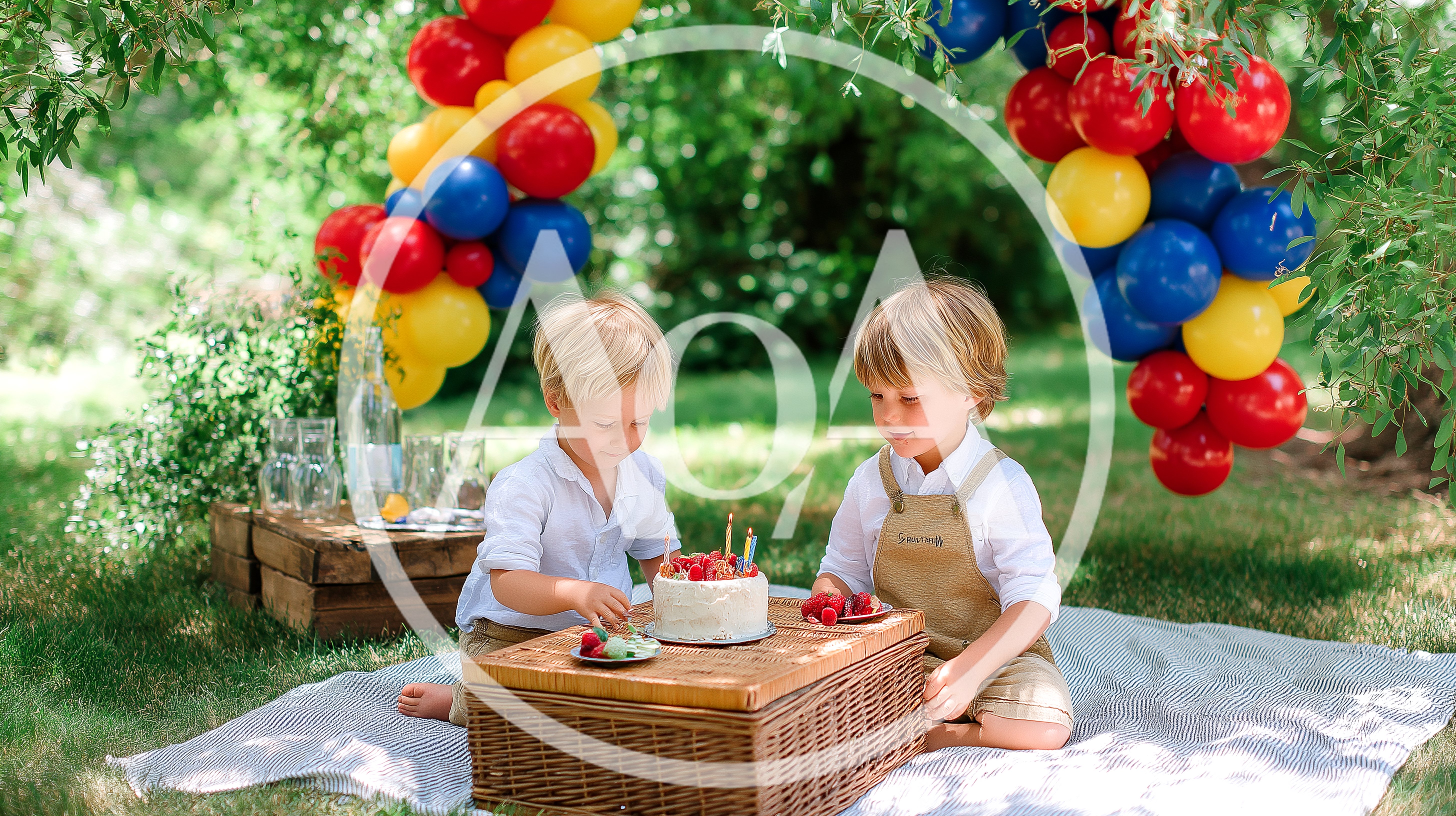 Two Young Boys Celebrating Birthday Outdoors