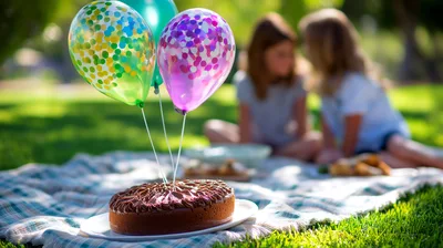 Birthday Cake With Confetti Balloons On Picnic Blanket