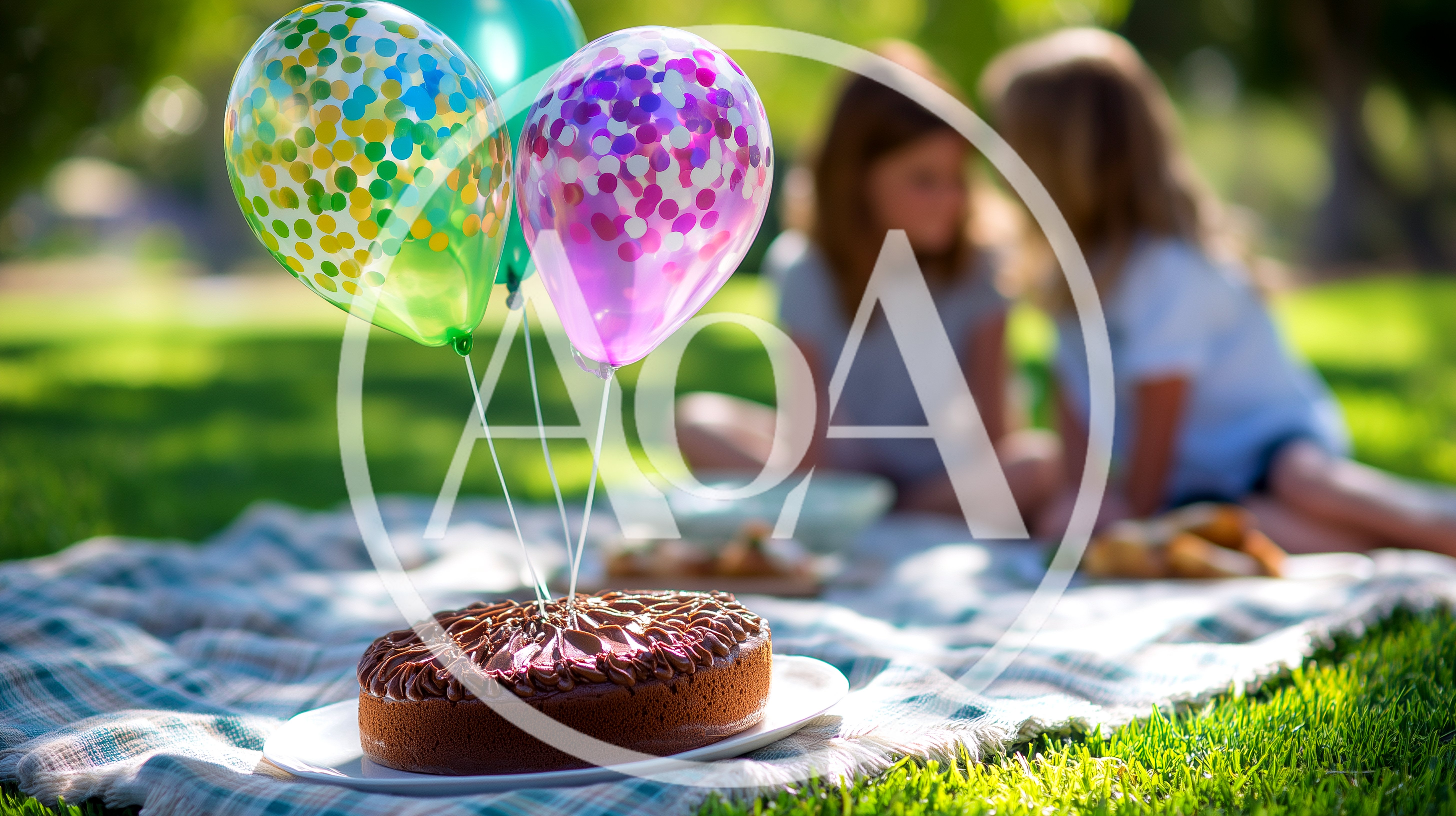 Birthday Cake With Confetti Balloons On Picnic Blanket
