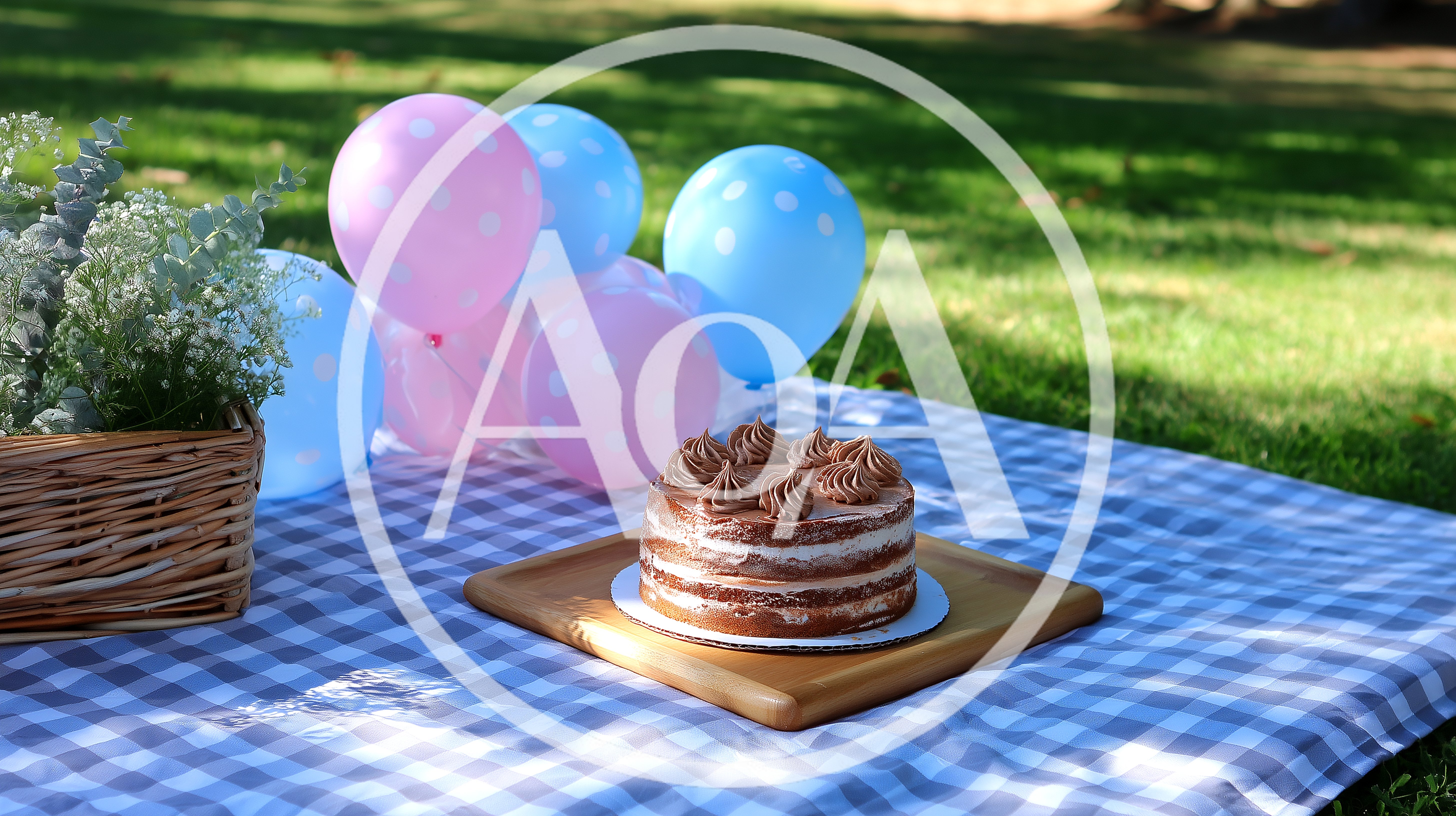 Chocolate Cake With Balloons On A Picnic Blanket