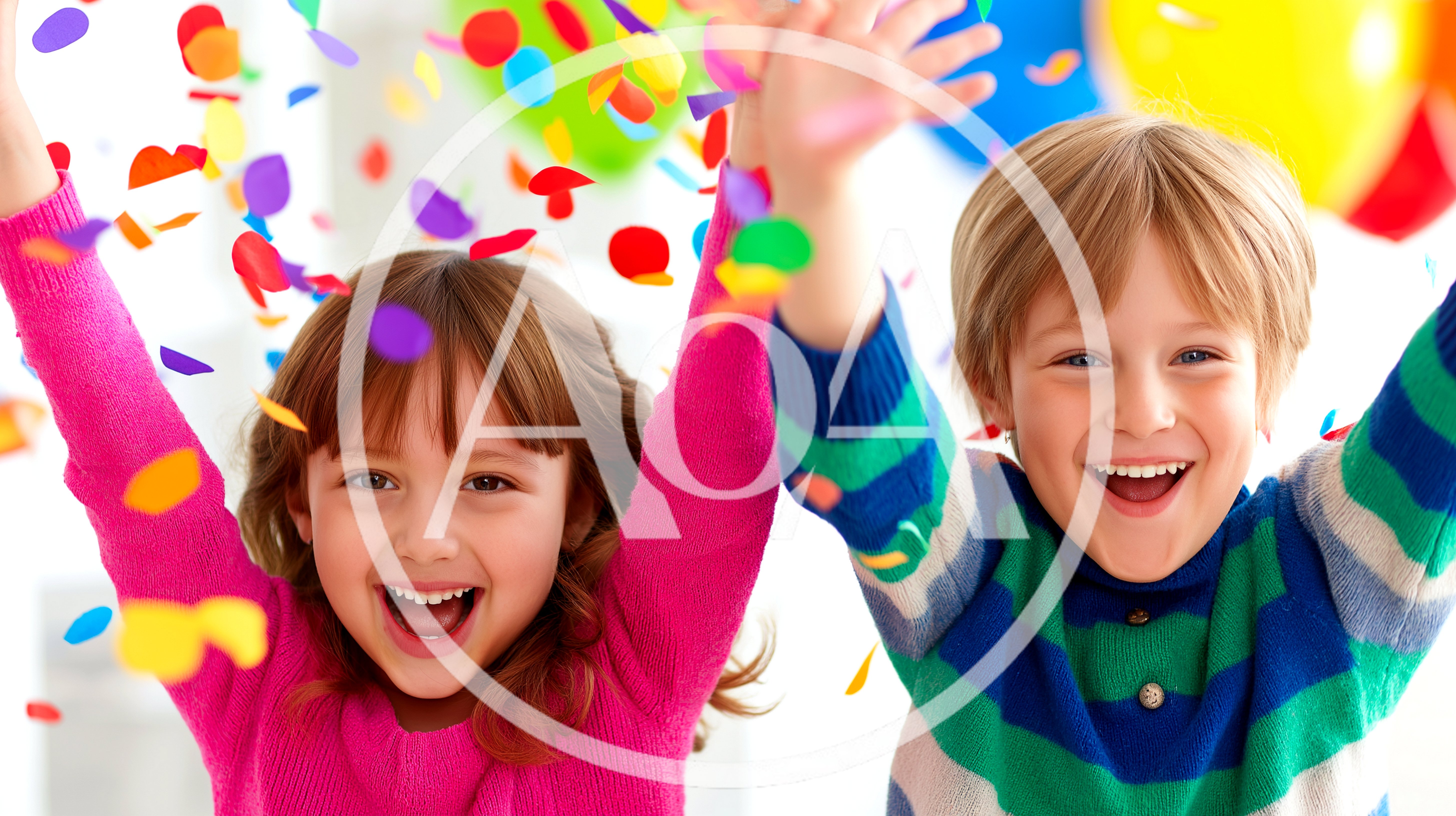 Happy Children Celebrating With Confetti And Balloons