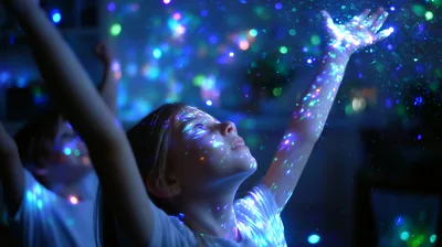 Children Playing With Colorful Disco Light Projector