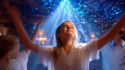Happy Young Girl Celebrating Under Falling Confetti