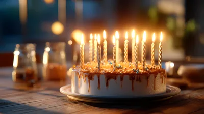 Birthday Cake With Lit Candles On Wooden Table