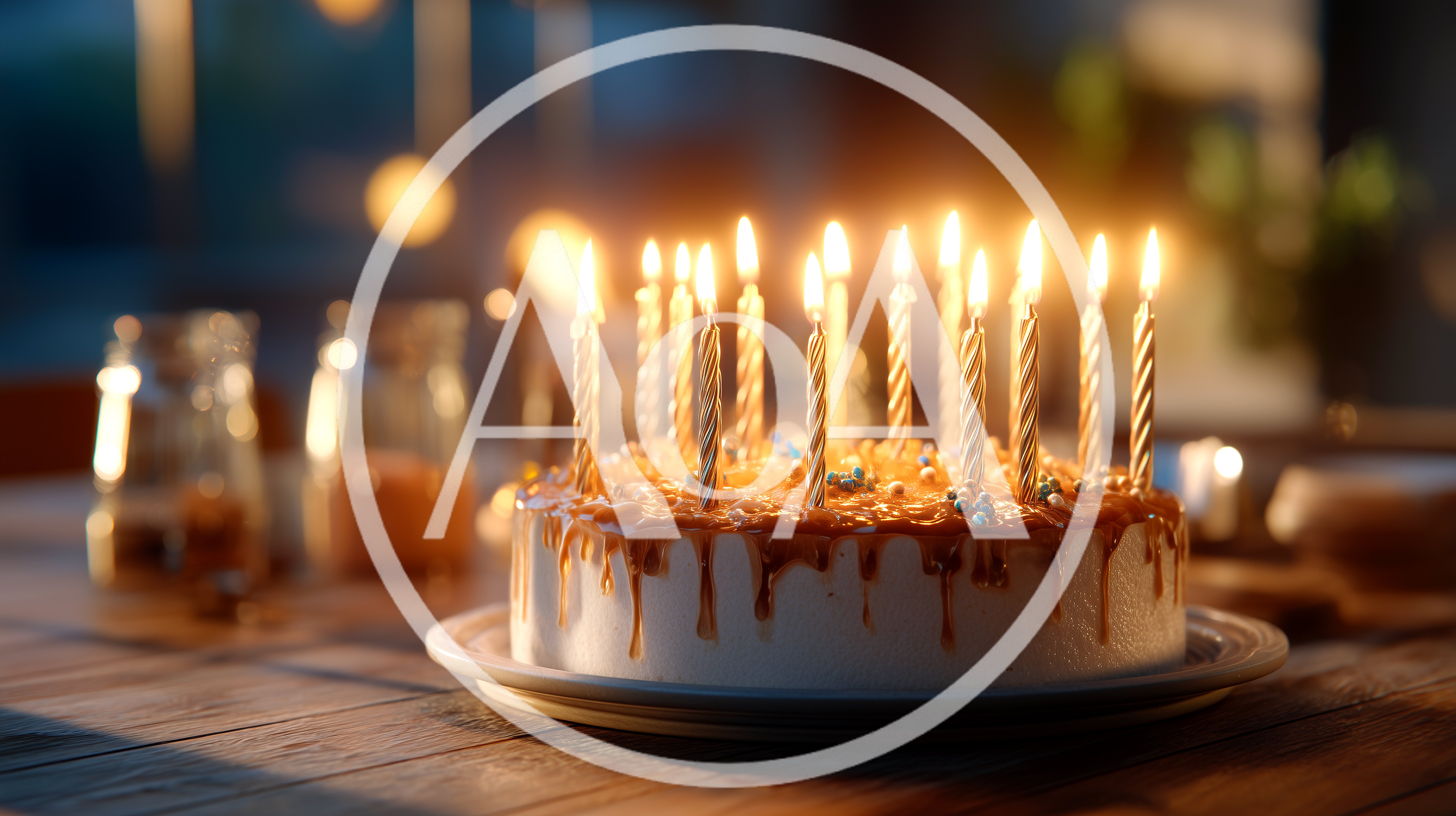 Birthday Cake With Lit Candles On Wooden Table