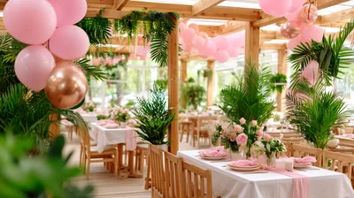 Elegant Wedding Reception Setup With Pink Balloons And Greenery