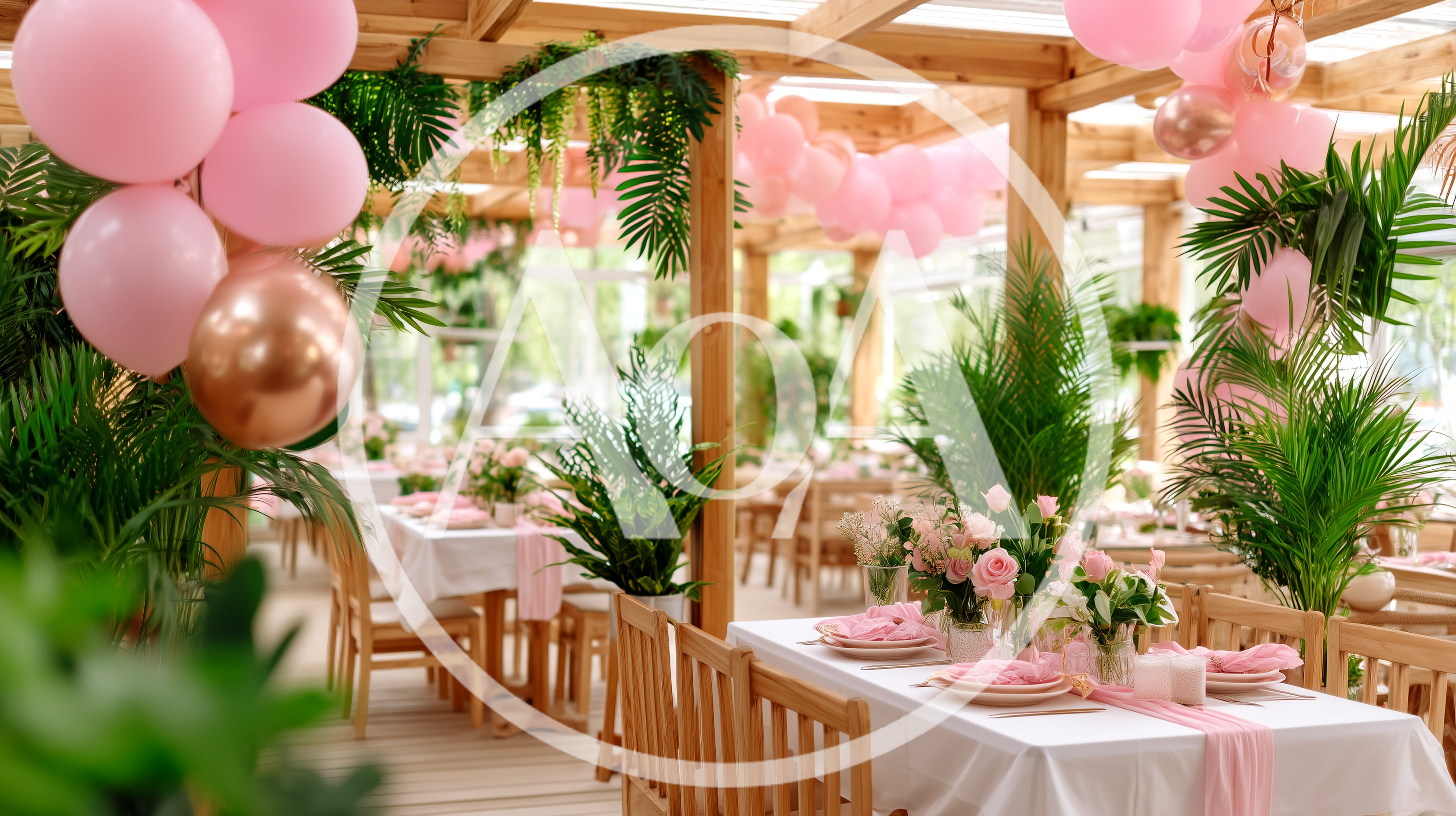 Elegant Wedding Reception Setup With Pink Balloons And Greenery