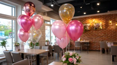 Festive Pink And Gold Balloon Bouquets In Restaurant