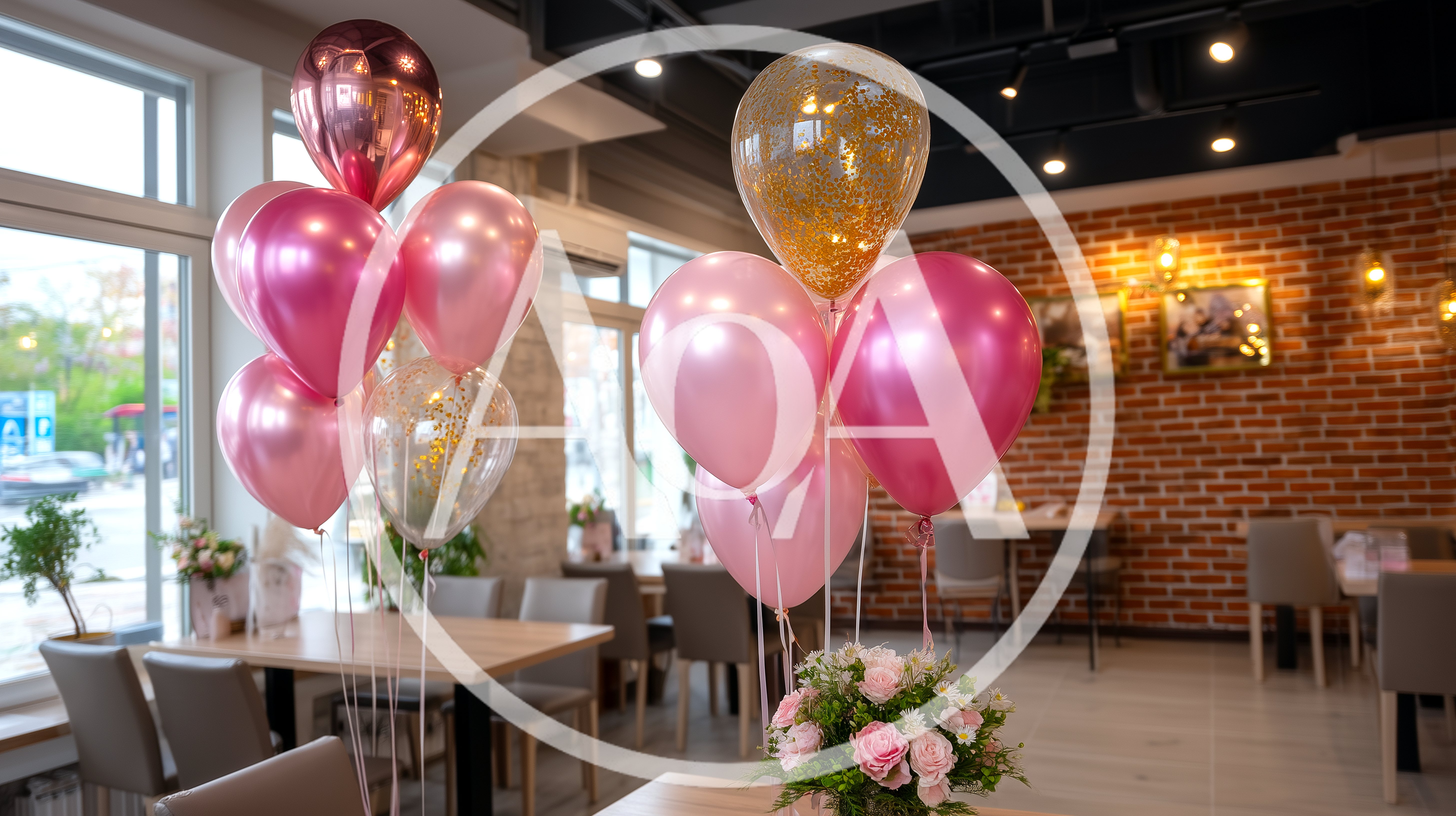 Festive Pink And Gold Balloon Bouquets In Restaurant