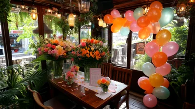 Festive Table Setting With Floral Arrangements And Balloons