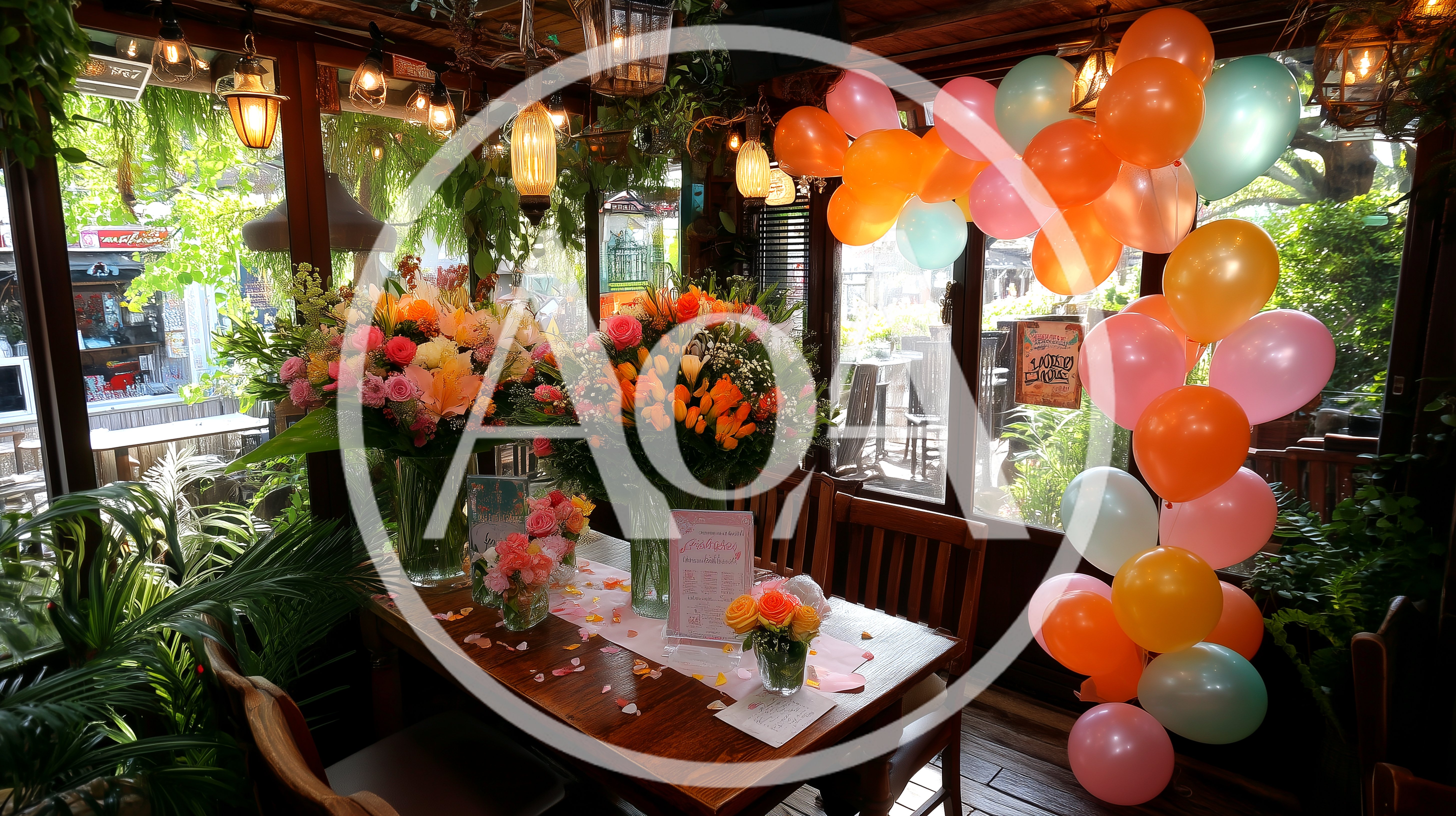 Festive Table Setting With Floral Arrangements And Balloons