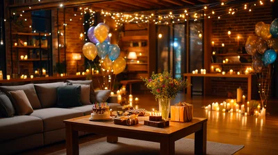 Cozy Birthday Celebration Setup In A Warmly Lit Living Room