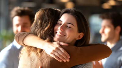 Two Women Embracing Warmly In A Professional Office Setting