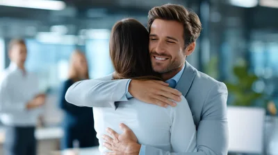 Professional Colleagues Embracing In A Modern Office Setting