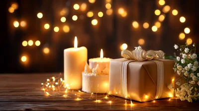 Festive Gift Box With Candles And Fairy Lights