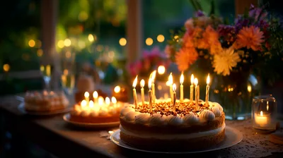 Birthday Cake With Lit Candles On A Table
