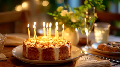 Birthday Cake With Lit Candles On A Dining Table