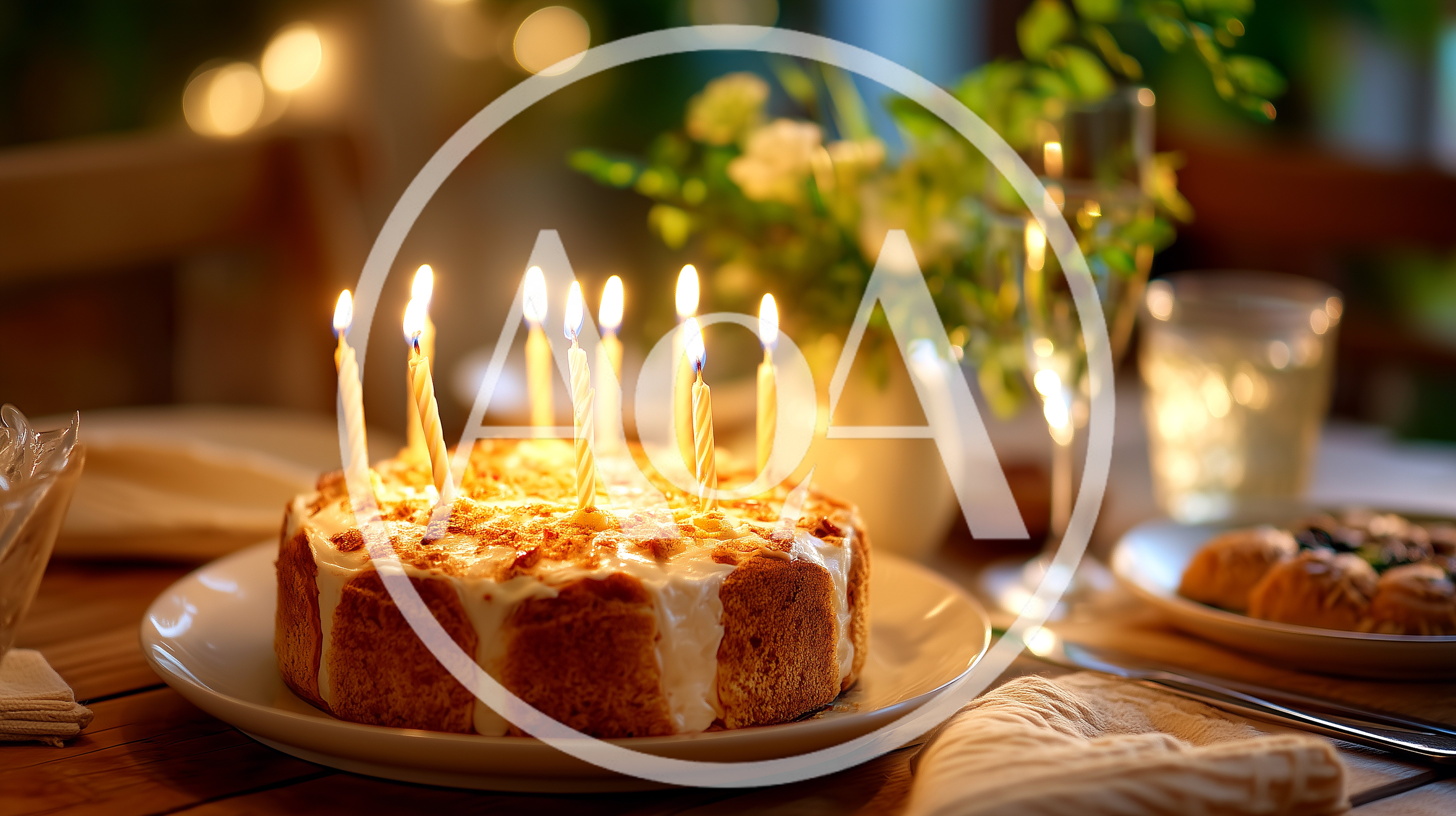 Birthday Cake With Lit Candles On A Dining Table