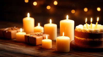 Birthday Cake With Lit Candles And Wrapped Gifts