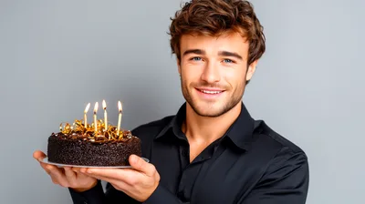 Young Man Holding A Birthday Cake With Lit Candles