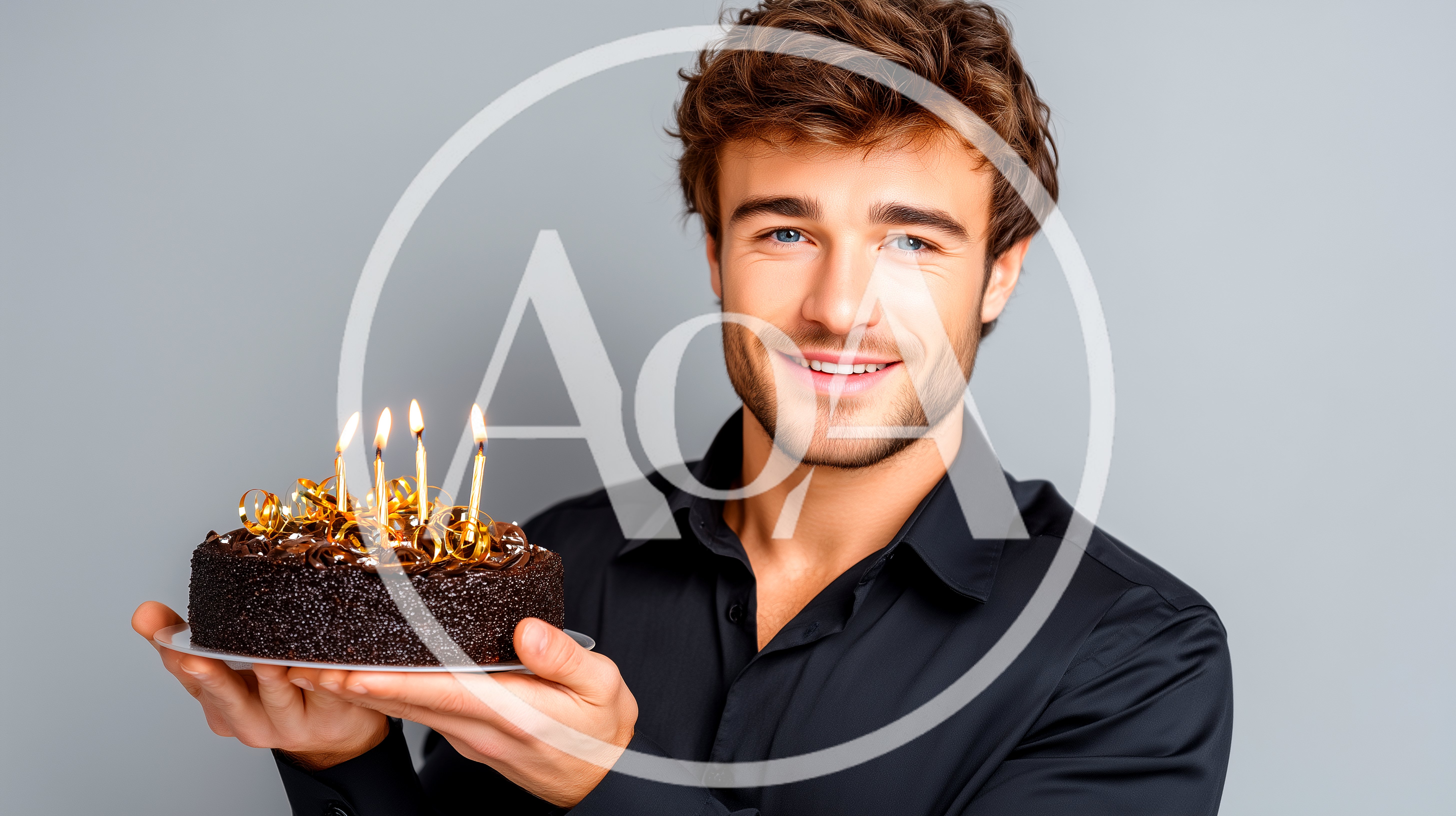 Young Man Holding A Birthday Cake With Lit Candles