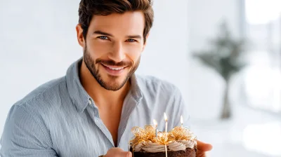 Handsome Man Holding A Birthday Cake With Candles