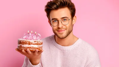 Young Man Holding A Small Birthday Cake