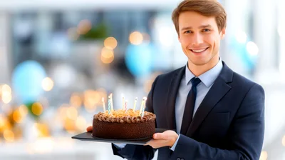Professional Businessman Holding A Birthday Cake With Candles