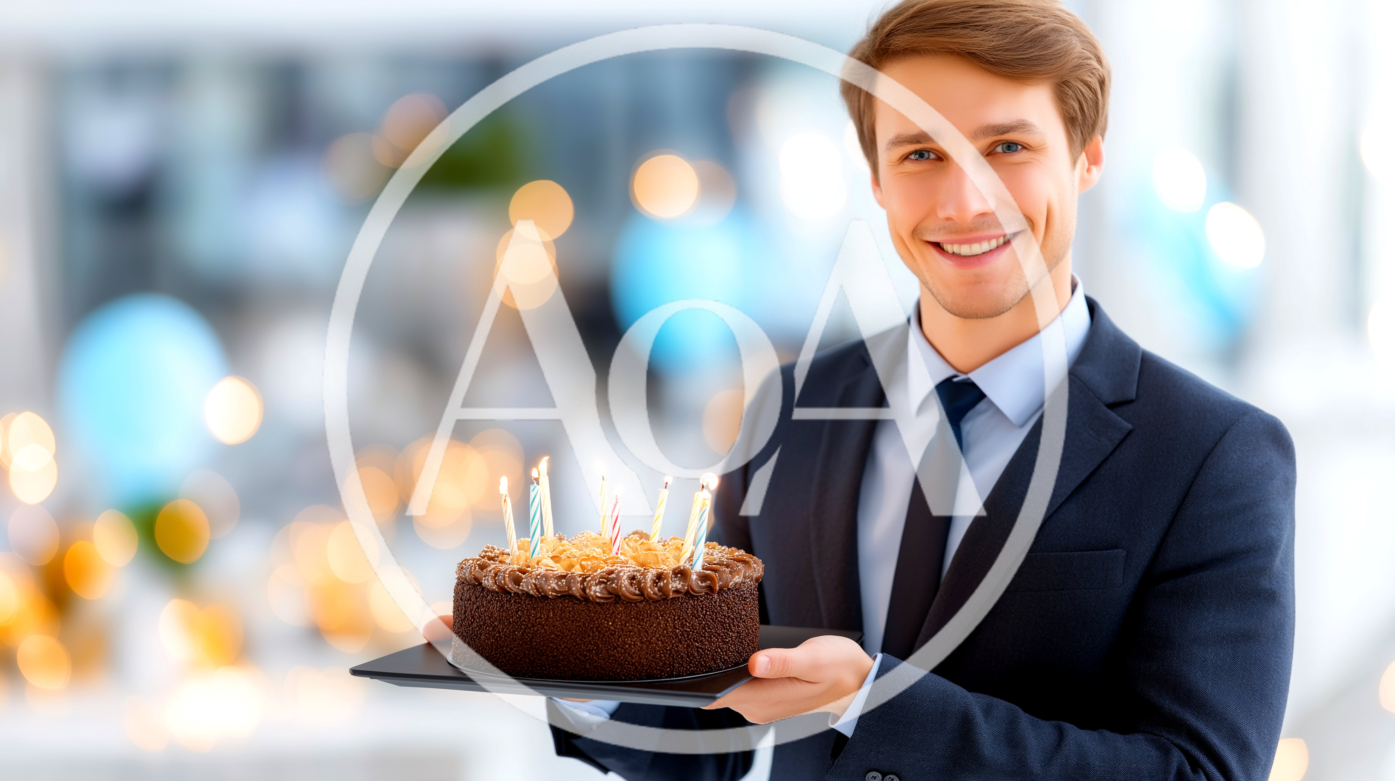 Professional Businessman Holding A Birthday Cake With Candles