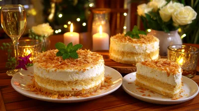 Elegant Coconut Cream Cakes On A Festive Table