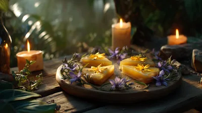 Triangular Honey Cakes Decorated With Flowers On Wooden Platter