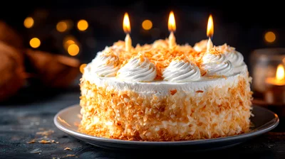 Coconut Cream Birthday Cake With Lit Candles
