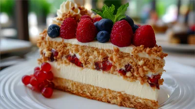 Slice Of Layered Berry Cake On A Plate