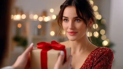Woman Receiving A Christmas Gift From A Partner