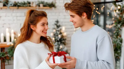 Young Couple Exchanging A Christmas Gift At Home