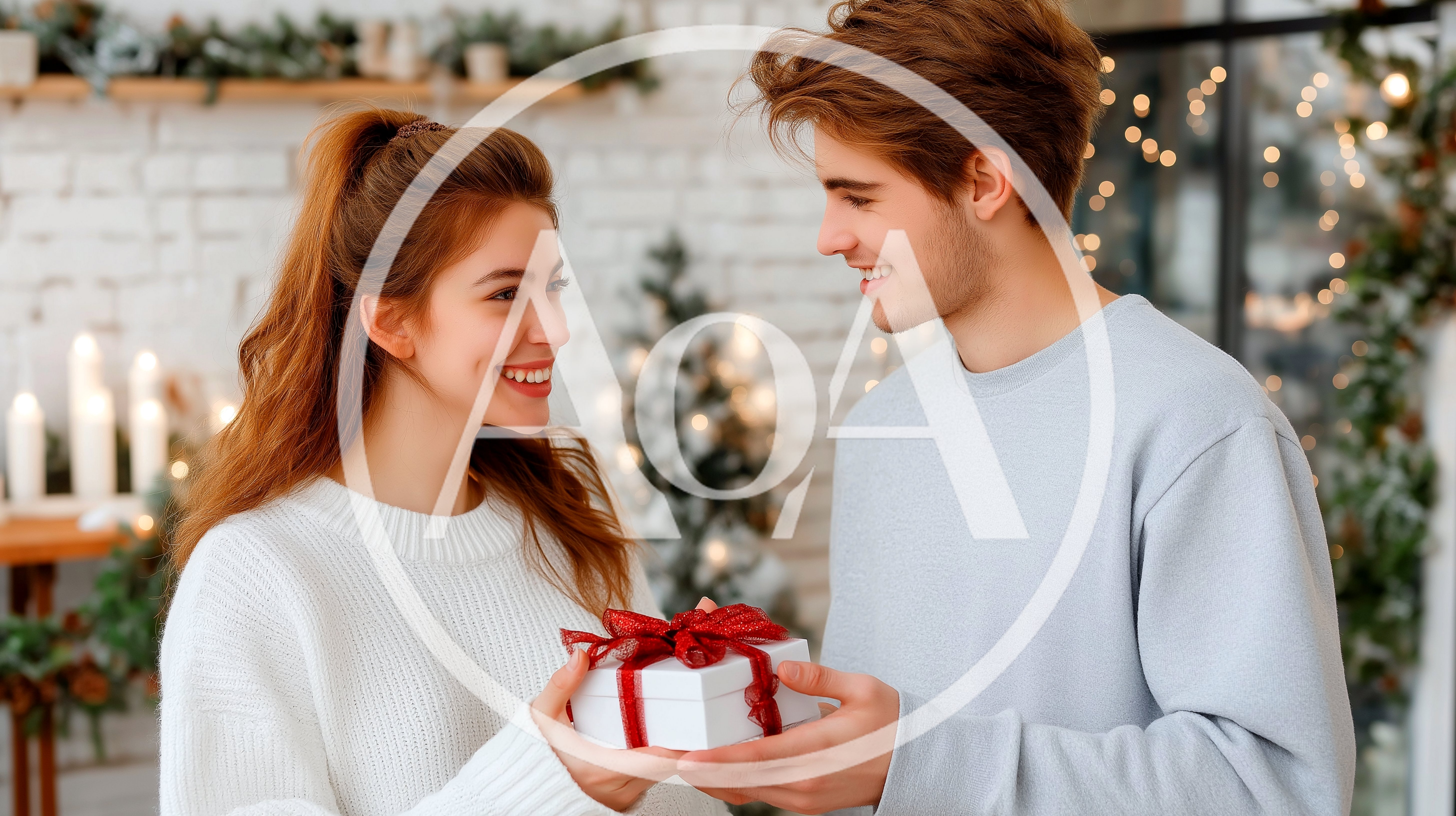 Young Couple Exchanging A Christmas Gift At Home