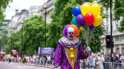 Scary Clown Holding Balloons At A Public Parade