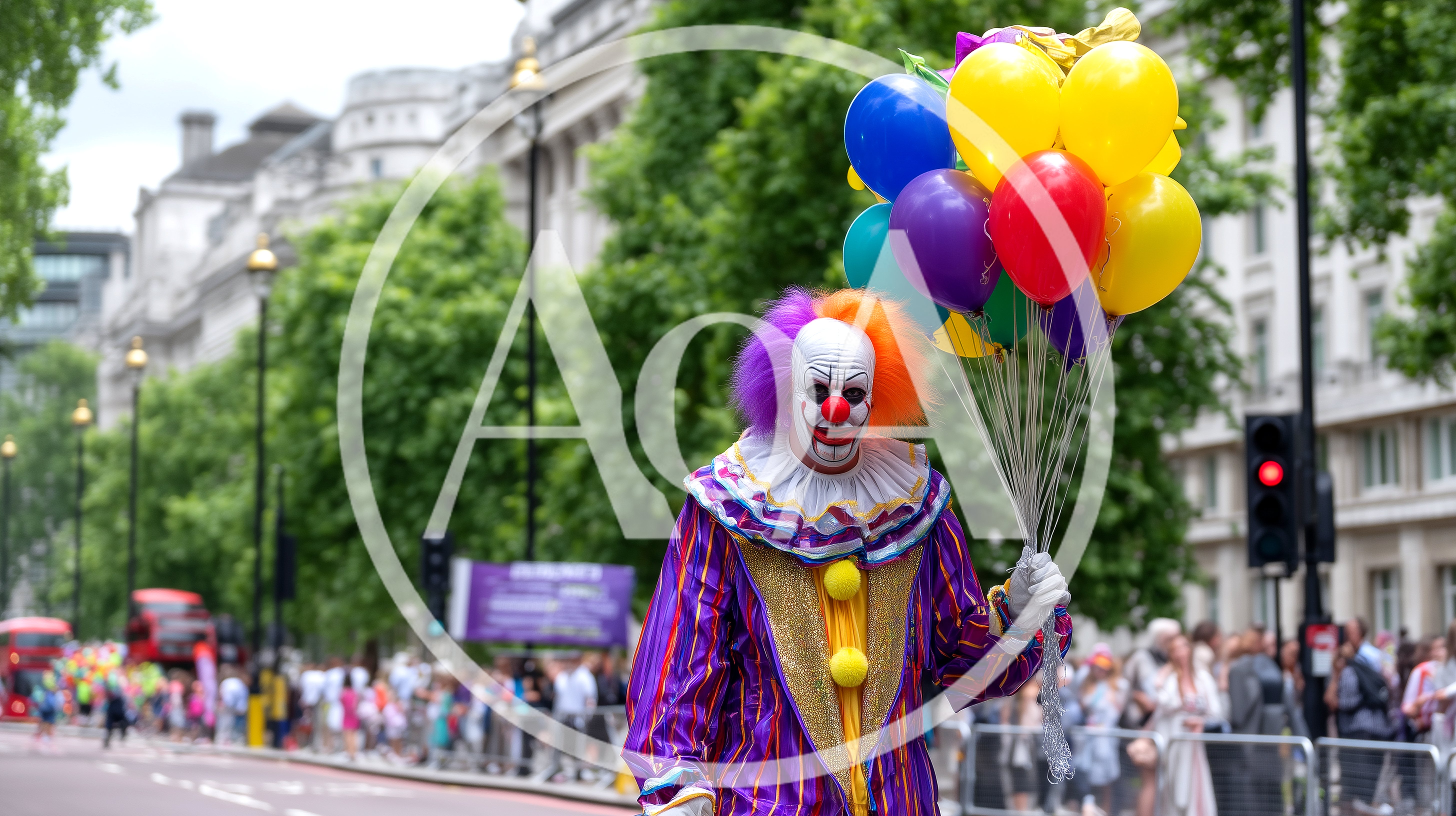 Scary Clown Holding Balloons At A Public Parade