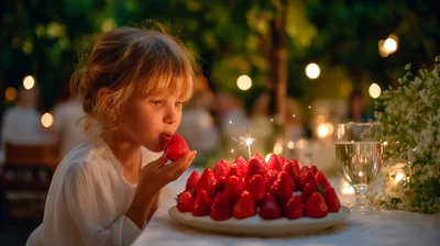 Young Girl Eating Strawberry From Birthday Cake