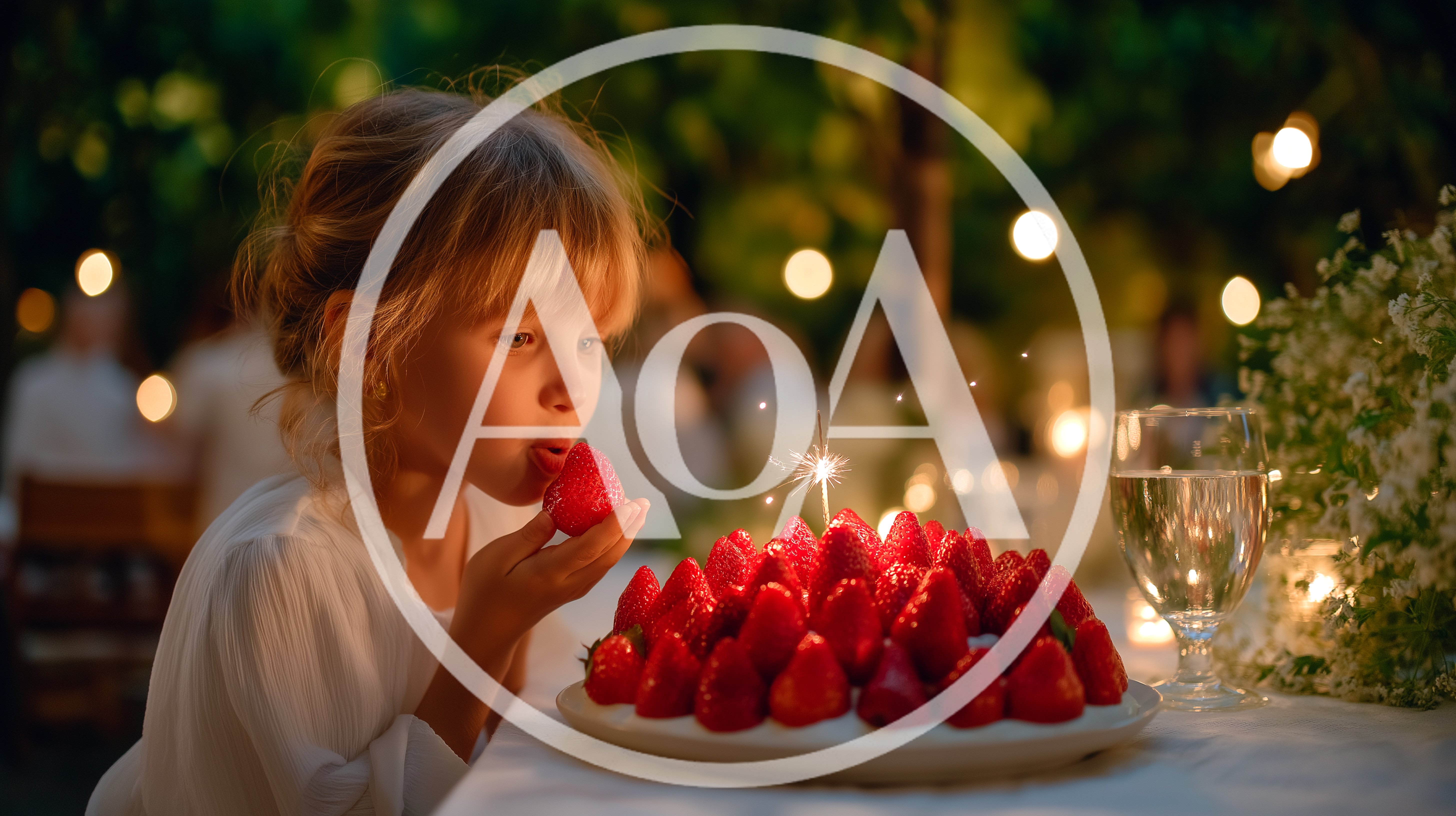 Young Girl Eating Strawberry From Birthday Cake