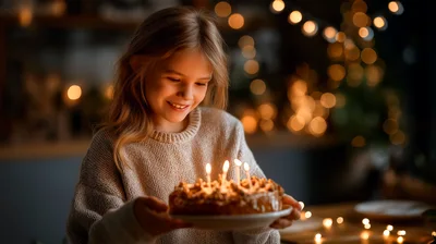 Young Girl Holding Birthday Cake With Lit Candles