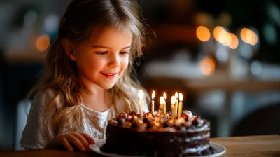 Young Girl Looking At Birthday Cake With Lit Candles