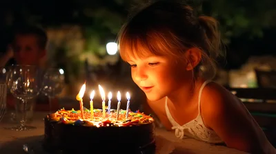 Young Girl Blowing Out Birthday Cake Candles
